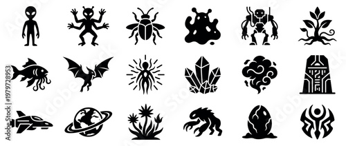 Collection of various black fantasy and science fiction icons, including aliens, monsters, and futuristic elements, presented in a clean, graphic style