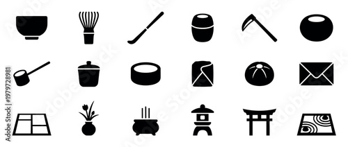 Collection of black silhouette Japanese culture icons featuring tea ceremony tools, traditional items, and garden elements
