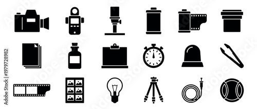 Collection of various black photography equipment icons, including a camera, light meter, film, and darkroom tools, presented in a clean, graphic style