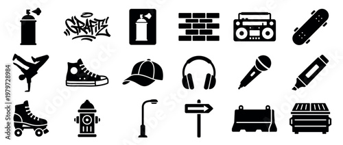Collection of black silhouette icons representing urban culture elements like graffiti, music, and street life