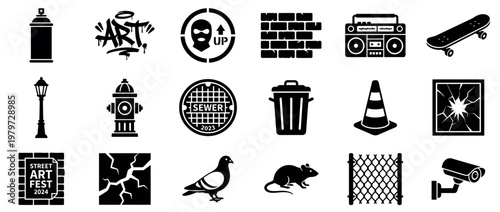 Collection of black silhouette icons representing various urban elements and street art culture on a clean white surface