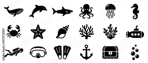 Comprehensive collection of black silhouette marine life and underwater icons, presented in a clean, graphic style