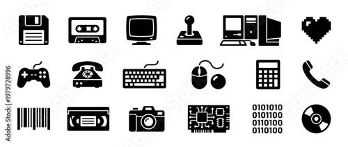 Collection of black silhouette icons representing various retro technology and digital communication devices, arranged neatly