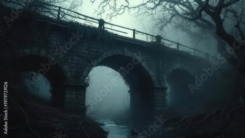 Misty old stone bridge in a dark forest