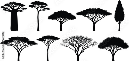 Collection of African safari tree silhouettes including baobab and acacia isolated on white background, exotic savanna nature elements set for tropical landscape and wildlife designs.