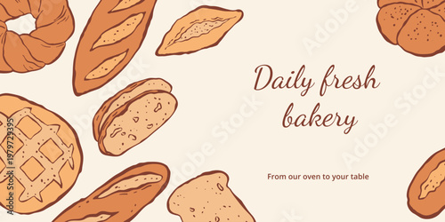Horizontal banner for bakehouse with hand drawn various breads and typography Daily fresh bakery. Flat vector illustration. For background, poster, ads, web