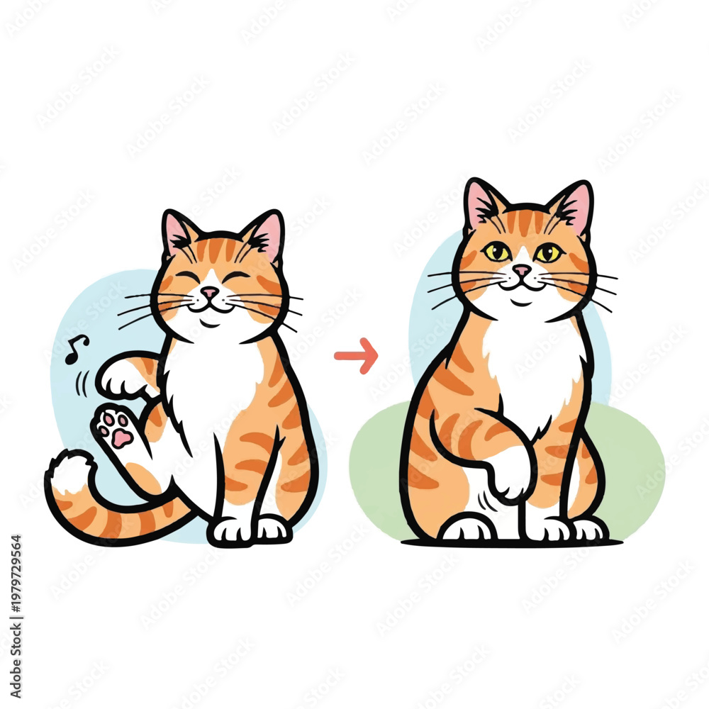 Fototapeta premium Cartoon orange tabby cat transformation.