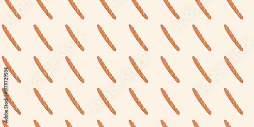 Horizontal seamless pattern with colorful hand drawn long baguette on white backdrop. Flat vector illustration. Template for background, wallpaper, packaging, wrapper, textile, cover