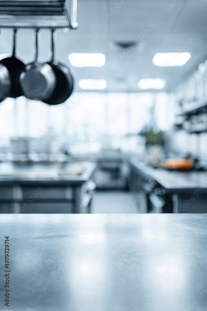 Fototapeta premium Wide Background View of a Clean Commercial Kitchen With Shiny Surfaces and Empty Space for Restaurant Cleaning Advertisement