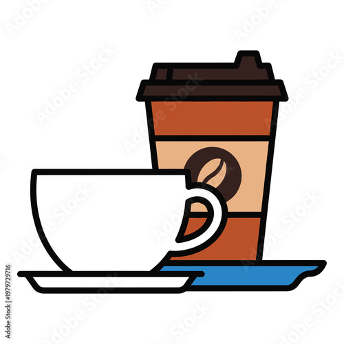 Cartoon illustration of coffee cup and take away coffee cup on saucer icon