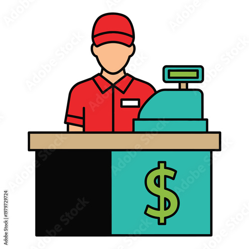 Cartoon illustration of a shopkeeper standing behind a cash register counter with a dollar sign icon