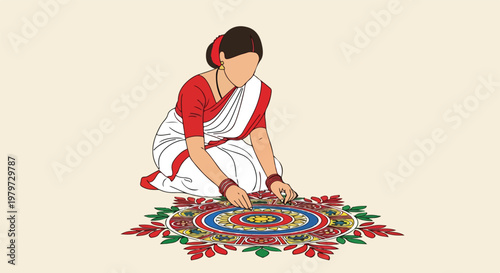 An illustration of a woman in a traditional saree creating a vibrant rangoli or alpana design on the floor, depicting Indian cultural art.