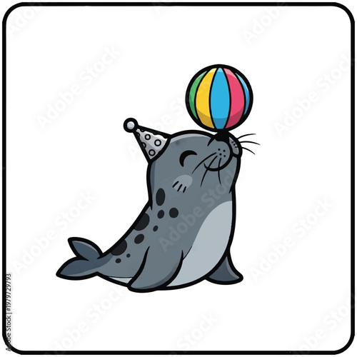 Cartoon Seal Wearing Party Hat.