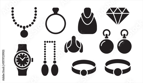 Jewelry icon set with rings necklace earrings and watch elegant black silhouette collection