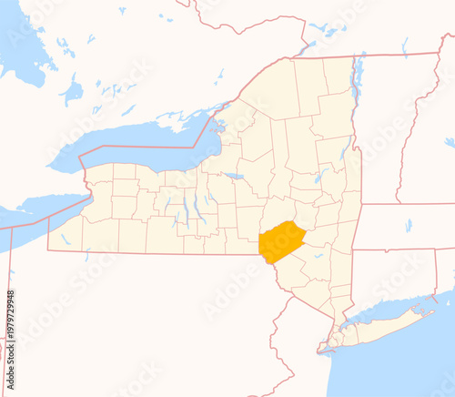 Map of the County Delaware (New York, US) showing the Federal State with the highlighted County