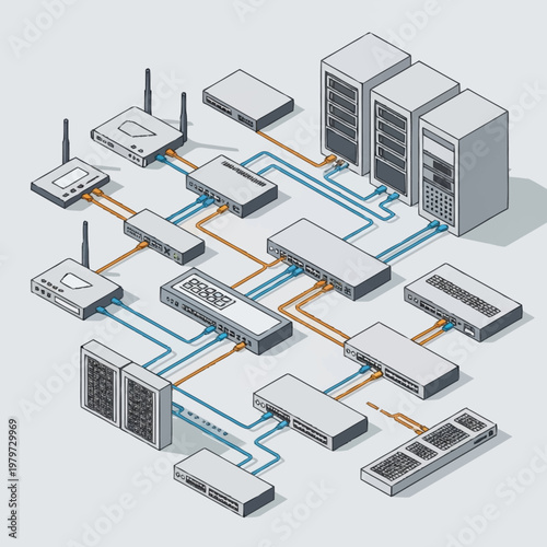 Network infrastructure with servers and routers.