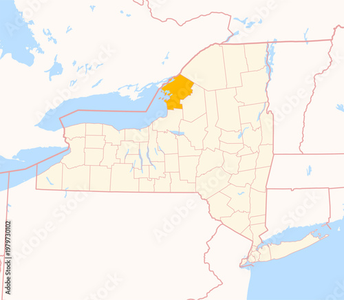 Map of the County Jefferson (New York, US) showing the Federal State with the highlighted County