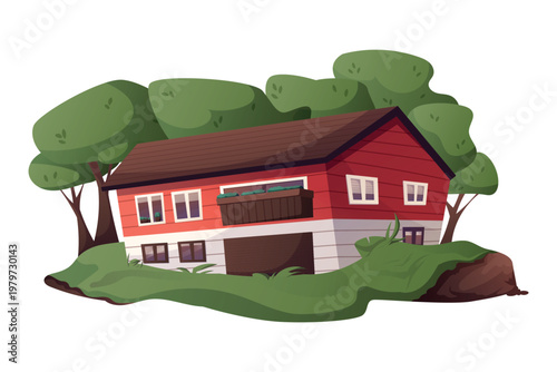 A wooden, rustic, red Scandinavian house surrounded by hills and green trees. Vector isolated cartoon illustration.