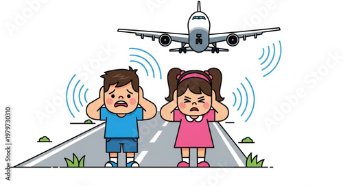 Kids covering ears from airplane.