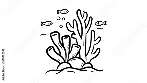 Minimalist black line vector icon illustration of an underwater coral reef with tropical fish and sea plants, hand-drawn outline style on a white background, clean scalable SVG graphic.