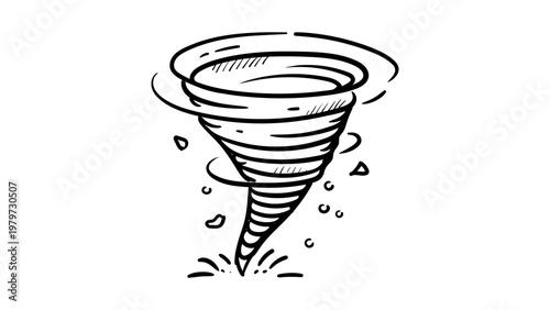 Minimalist black line vector icon of a tornado funnel whirlwind on a white background; hand-drawn outline illustration representing a powerful storm, cyclone, or natural disaster weather event.
