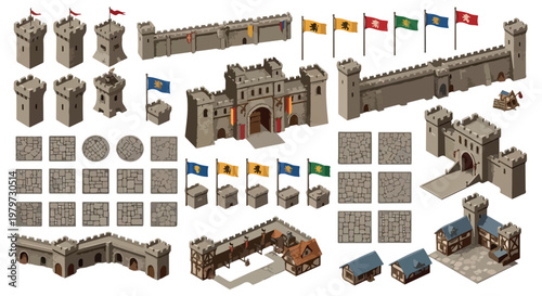 Medieval castle isometric vector set, ancient stone fortress walls and watchtowers, historical kingdom building kit for game design and maps