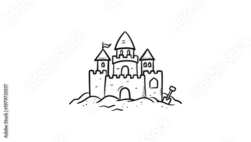 Minimalist black line vector icon of a sandcastle on a white background, featuring a hand-drawn illustration of a beach castle with a flag, shovel, and seashell for summer vacation designs.
