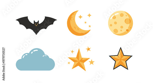 Black bat flying under moon stars.