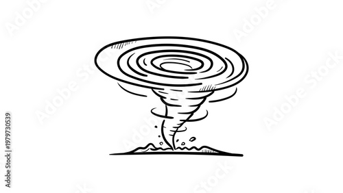 Minimalist black line vector illustration of a powerful tornado funnel cloud with swirling debris, hand-drawn style icon isolated on white background for weather, storm, and disaster themes.