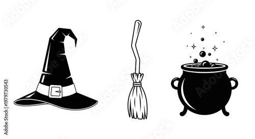 Halloween witchcraft magic symbols icons set.