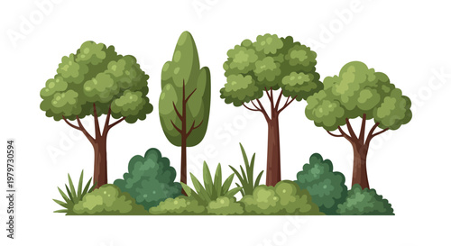 Flat vector forest landscape with green deciduous trees and bushes, organic nature elements set, botanical garden greenery for game design and web backgrounds