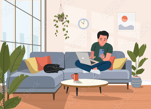 Young man working from home using laptop and smartphone, multitasking freelancer in cozy living room. Vector flat  cartoon illustration