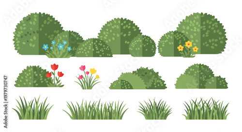Flat vector garden bushes and green grass set, decorative landscape shrubs with colorful flowers, botanical vegetation elements for outdoor scene design