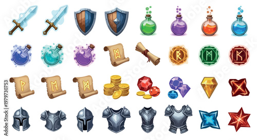 Fantasy RPG game icons set, 32 medieval quest items and equipment vectors, magic potions and armor assets for mobile gaming interface