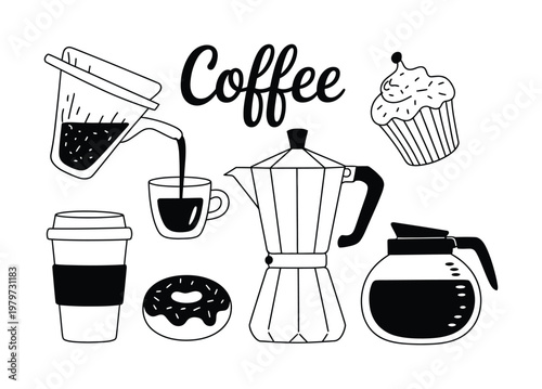 A delightful collection of coffee-themed including brewing methods and treats