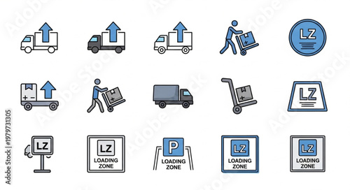 Loading Zone Icons Set Truck Delivery Cart Signage.