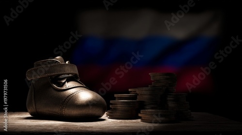A baby shoe is on a table next to a pile of coins. The coins are stacked on top of each other and appear to be old. The scene gives off a sense of nostalgia and history