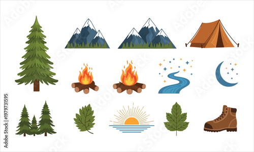 Camping icons set with mountains, tent, trees, campfire, and hiking boot