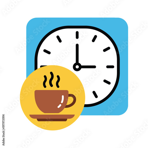 Clock and coffee cup on saucer icon design  breakfast time concept icon