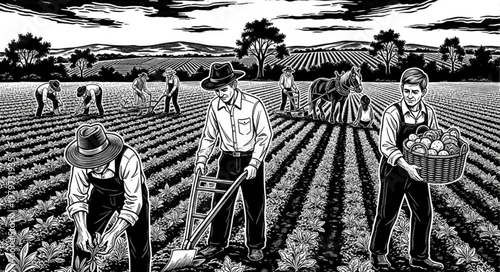 Farmers working in a field together.