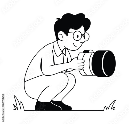 Cartoon man with glasses crouching and holding a large camera, ready to take a