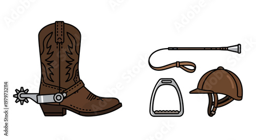 Brown cowboy boot and rodeo equipment.