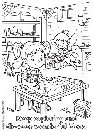 coloring book page girl exploring and discovering wonderful ideas at a creative work table