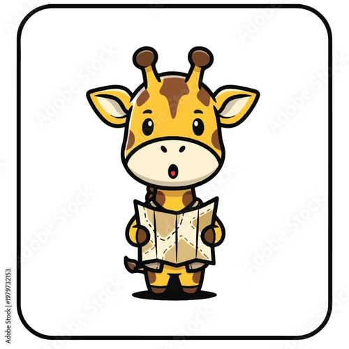 Cute Cartoon Giraffe Holding Map.
