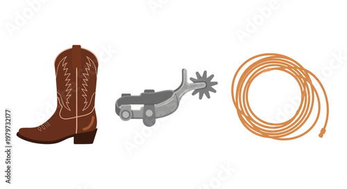Western cowboy boot and lasso tools.