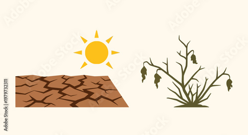 Dry cracked earth with withered tree.