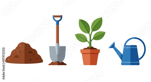 Garden tools and plant pot.