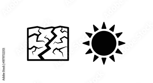 Cracked earth and sun icons.