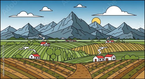 Houses in farm field landscape scene.