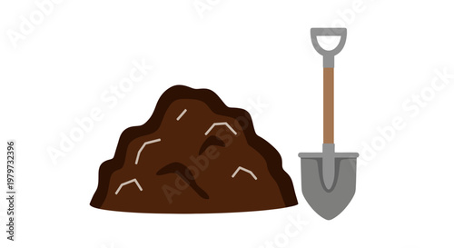 Brown soil pile with shovel.